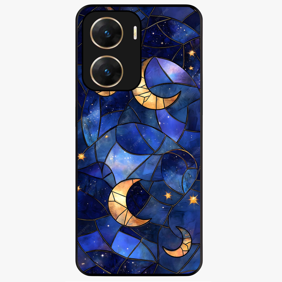 Starlit Sky Tapestry Glass Case showing flat back view with decorative starry sky tapestry artwork and glossy glass finish.
