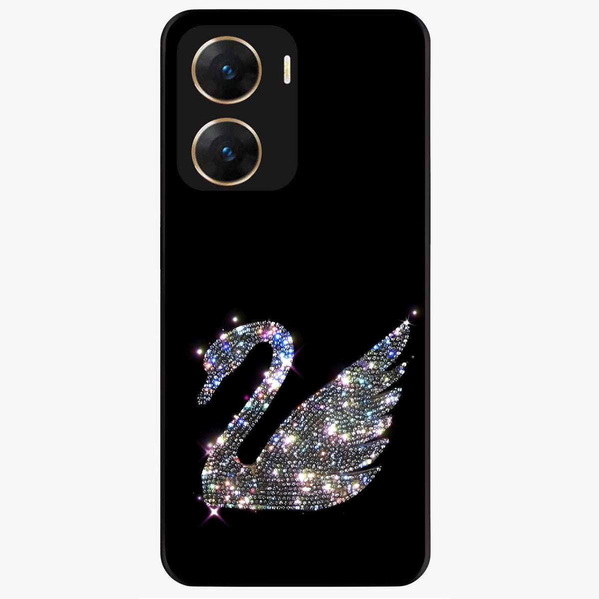 Starlit Swan Grace Glass Case showing flat back view with graceful swan artwork under starry sky and glossy glass finish.