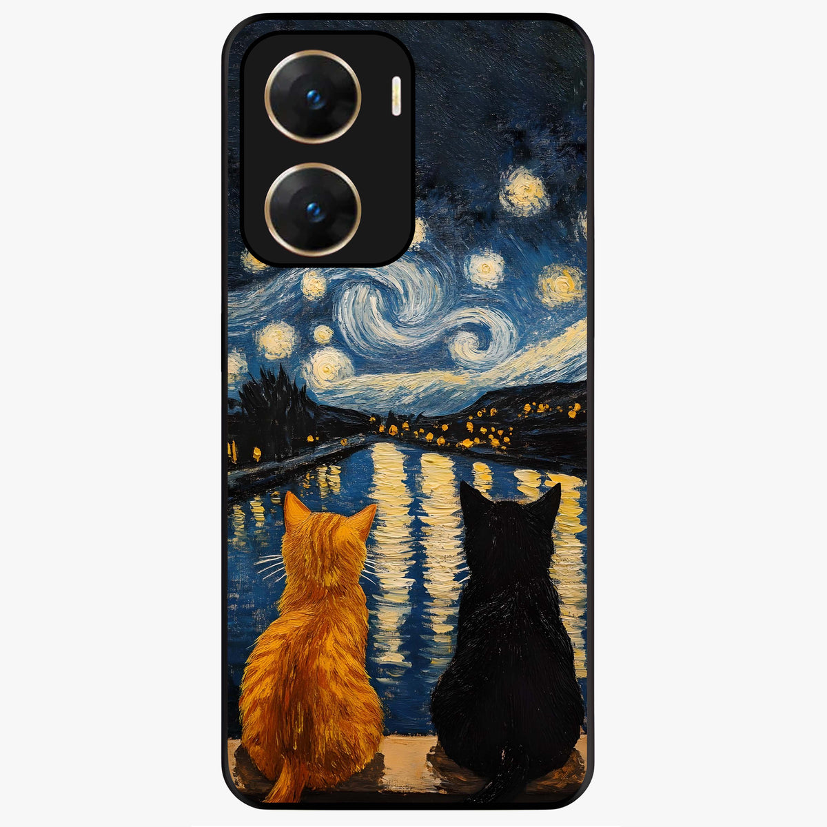 Starry River Cats Glass Case showing flat back view with cats by a starry river artwork and glossy glass finish.