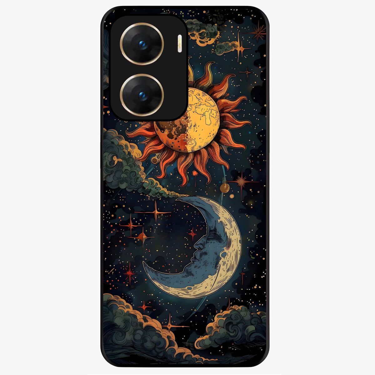 Sun And Moon Magic Design Glass Case showing flat back view with mystical sun and moon artwork and glossy glass finish.