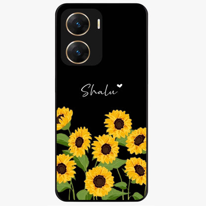 Sunflower Chic Mood Custom Name Glass Case showing flat back view with stylish sunflower artwork and personalized name design.