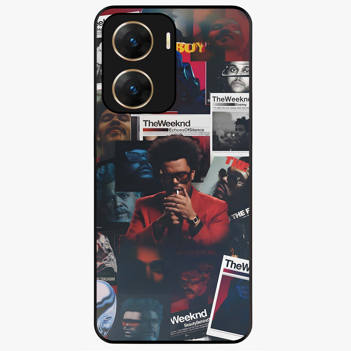 The Weeknd Glass Case showing flat back view with music inspired artistic portrait artwork and glossy glass finish.