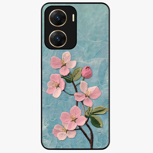 Threaded Blossom Breeze Glass Case showing flat back view with delicate blossom artwork and glossy glass finish.