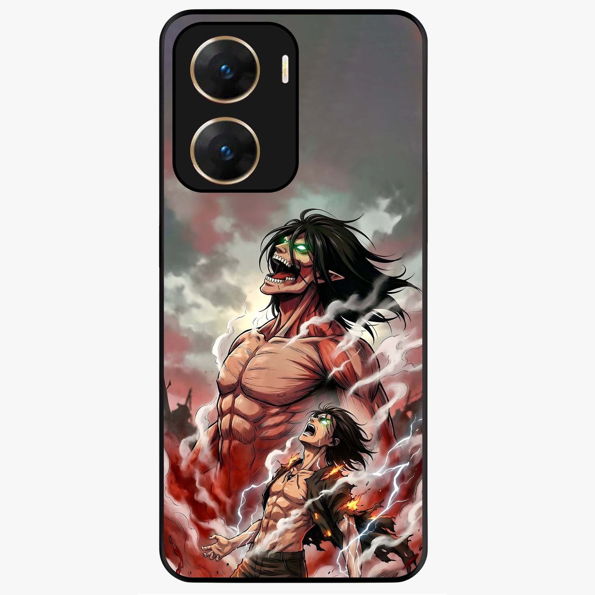 Titan Awakening Fury Glass Case showing flat back view with powerful titan inspired artwork and glossy glass finish.