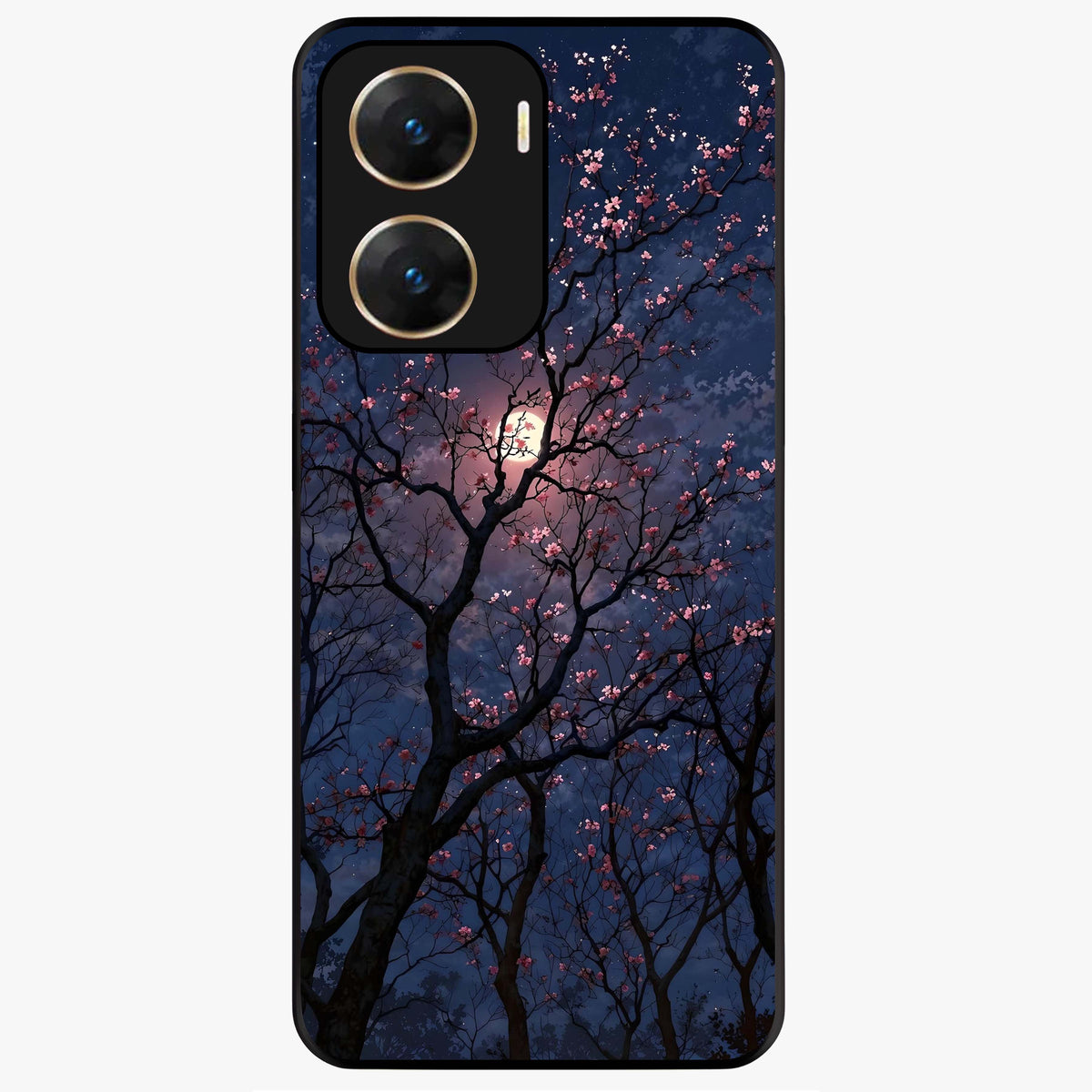 Twilight Sakura Serenade Glass Case showing flat back view with cherry blossom artwork at twilight and glossy glass finish.