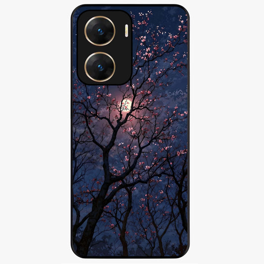 Twilight Sakura Serenade Glass Case showing flat back view with cherry blossom artwork at twilight and glossy glass finish.