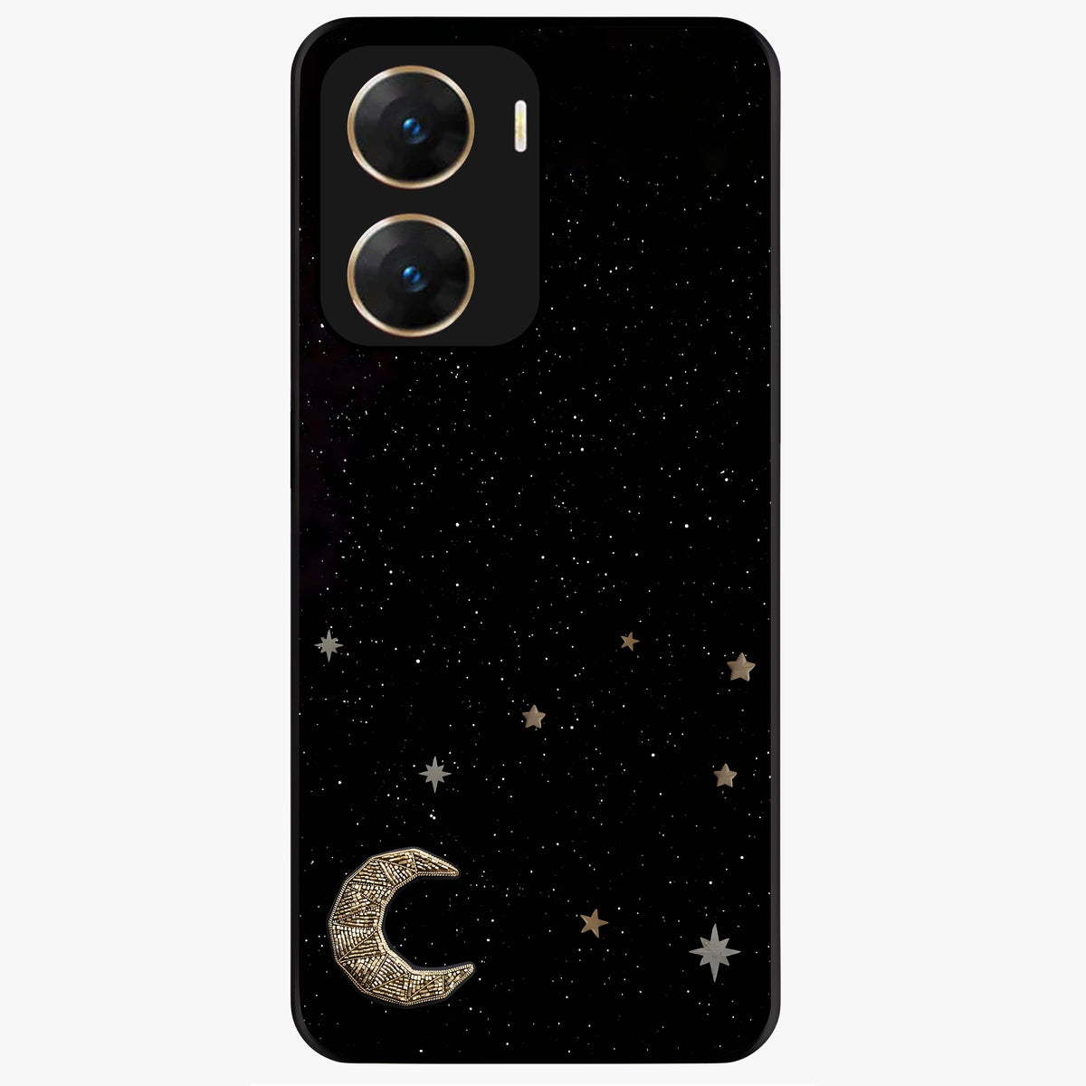 Twinkle Star With Half Moon Glass Case showing flat back view with star and half moon artwork and glossy glass finish.