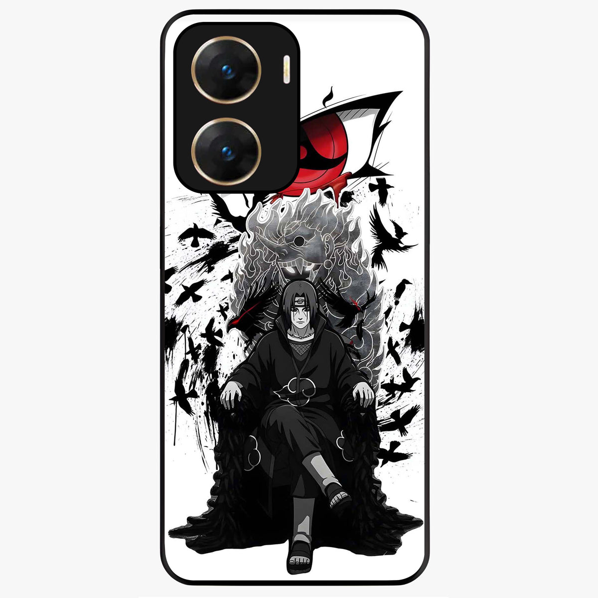 Uchiha Shadow Throne Glass Case showing flat back view with cosmic underwater themed artwork and glossy glass finish.