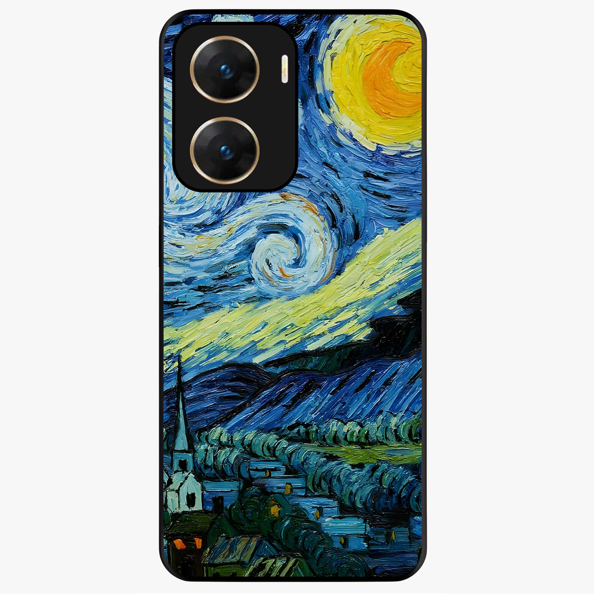 Van Gogh Art Glass Case showing flat back view with classic painterly artwork inspired by Van Gogh style and glossy glass finish.
