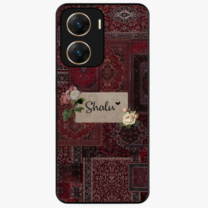 Velvet Wine Pattern Custom Name Glass Case showing flat back view with elegant wine colored pattern artwork and personalized name design.