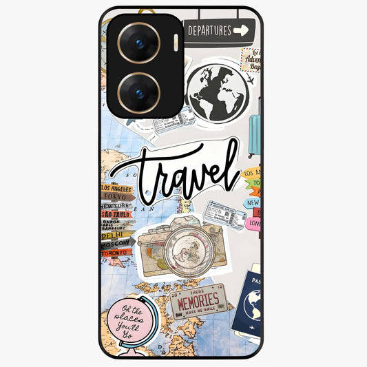 Wanderlust Journal Glass Case showing flat back view with travel inspired artwork and glossy glass finish.