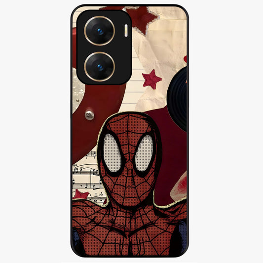 Web Warrior Vibes Glass Case showing flat back view with superhero inspired web themed artwork and glossy glass finish.