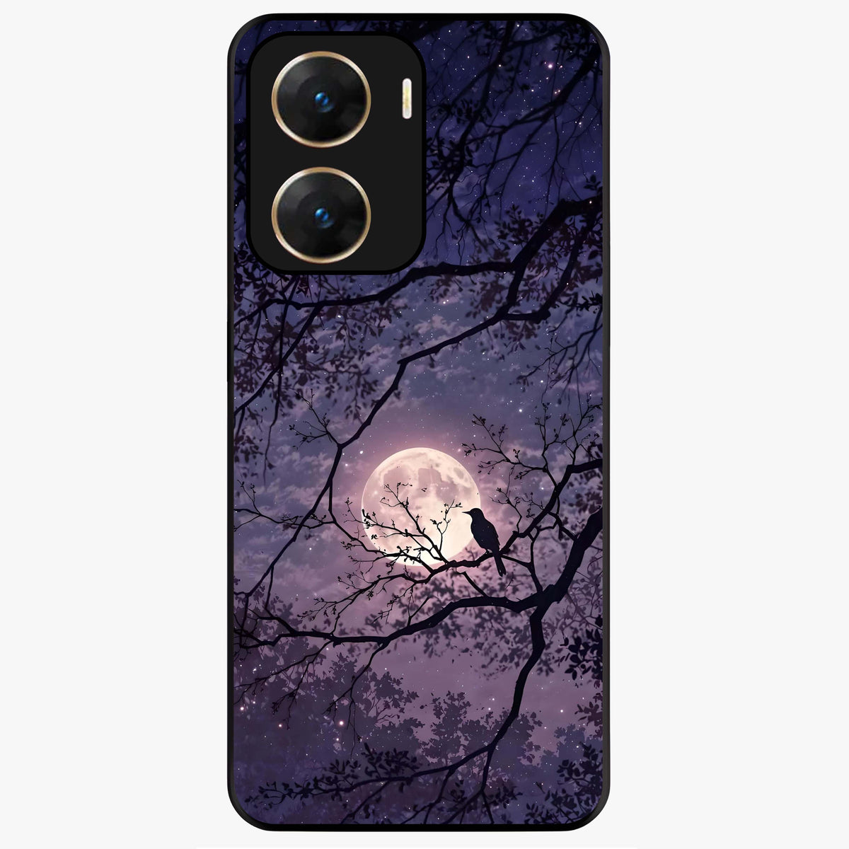 Whispering Moon Silence Glass Case showing flat back view with serene moon themed artwork and glossy glass finish.