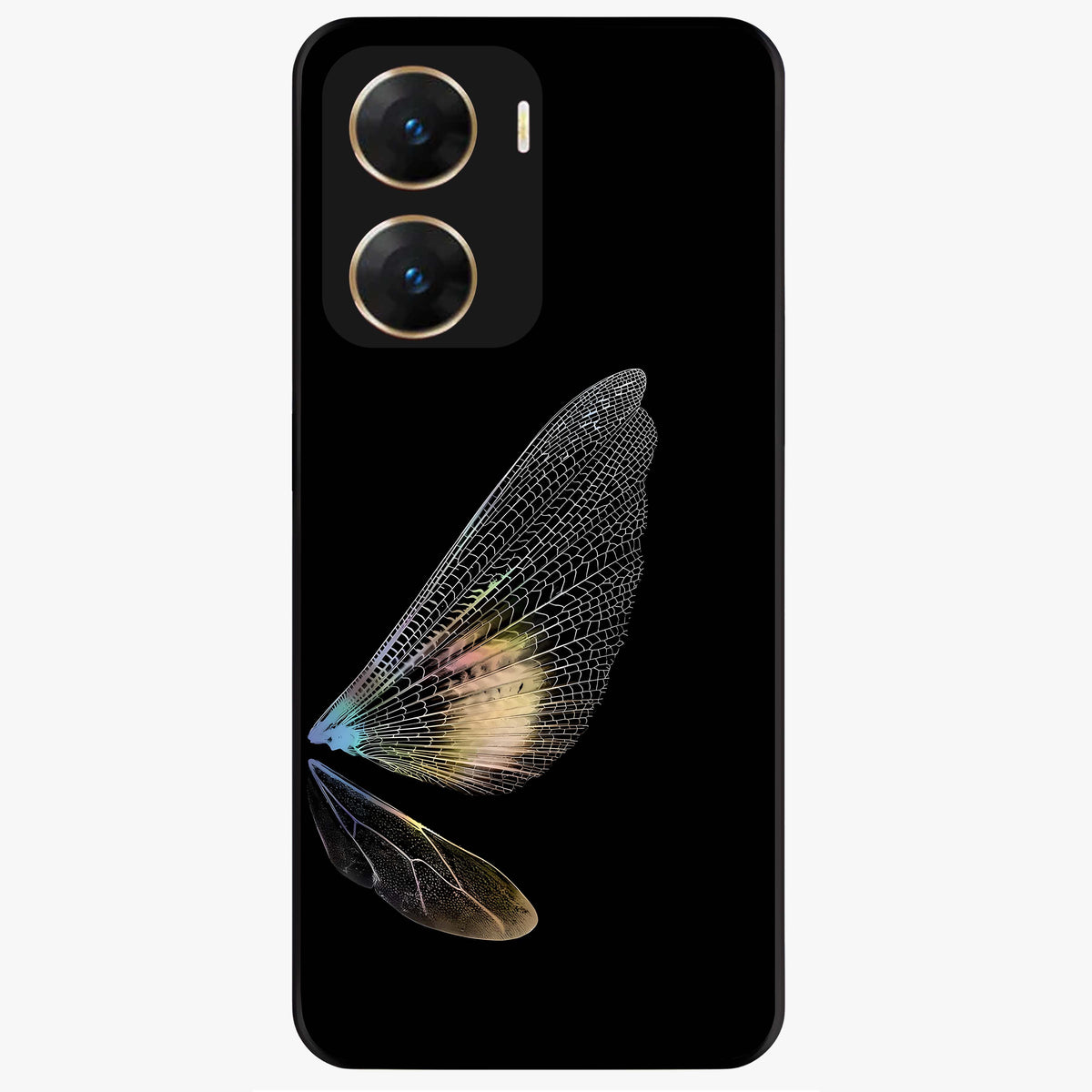 Whispers Of Wings Glass Case showing flat back view with graceful wing inspired artwork and glossy glass finish.