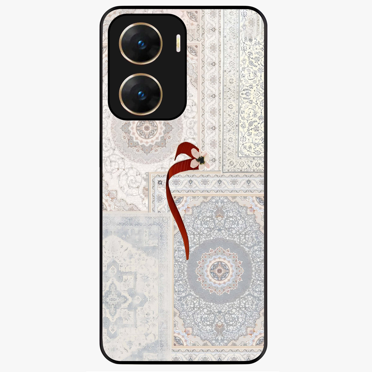 White Aesthetic Bow Glass Case showing flat back view with minimal bow artwork and glossy glass finish.