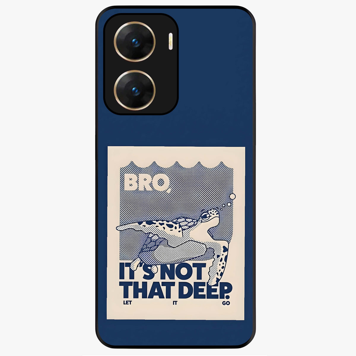 Worry Less Swim Glass Case showing flat back view with playful motivational artwork and glossy glass finish.