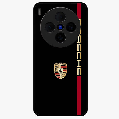 Black Minimal Porsche Glass Case showing flat back view with sleek minimal sports car artwork and glossy glass finish.
