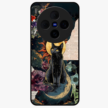 Celestial Black Cat Glass Case showing flat back view with mystical black cat artwork and glossy glass finish.