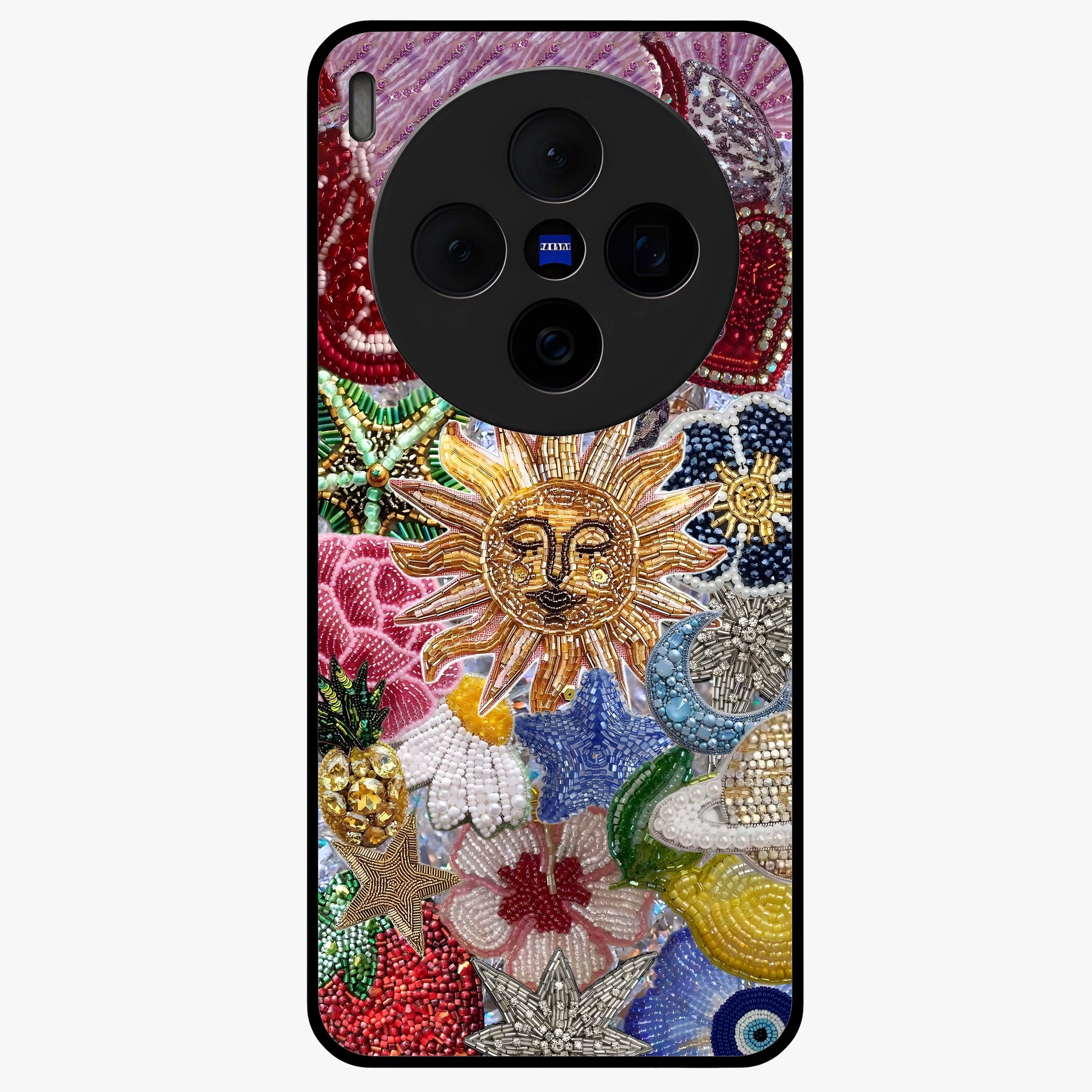 Celestial Floral and Playful Glass Case showing flat back view with floral and celestial themed artwork and glossy glass finish.