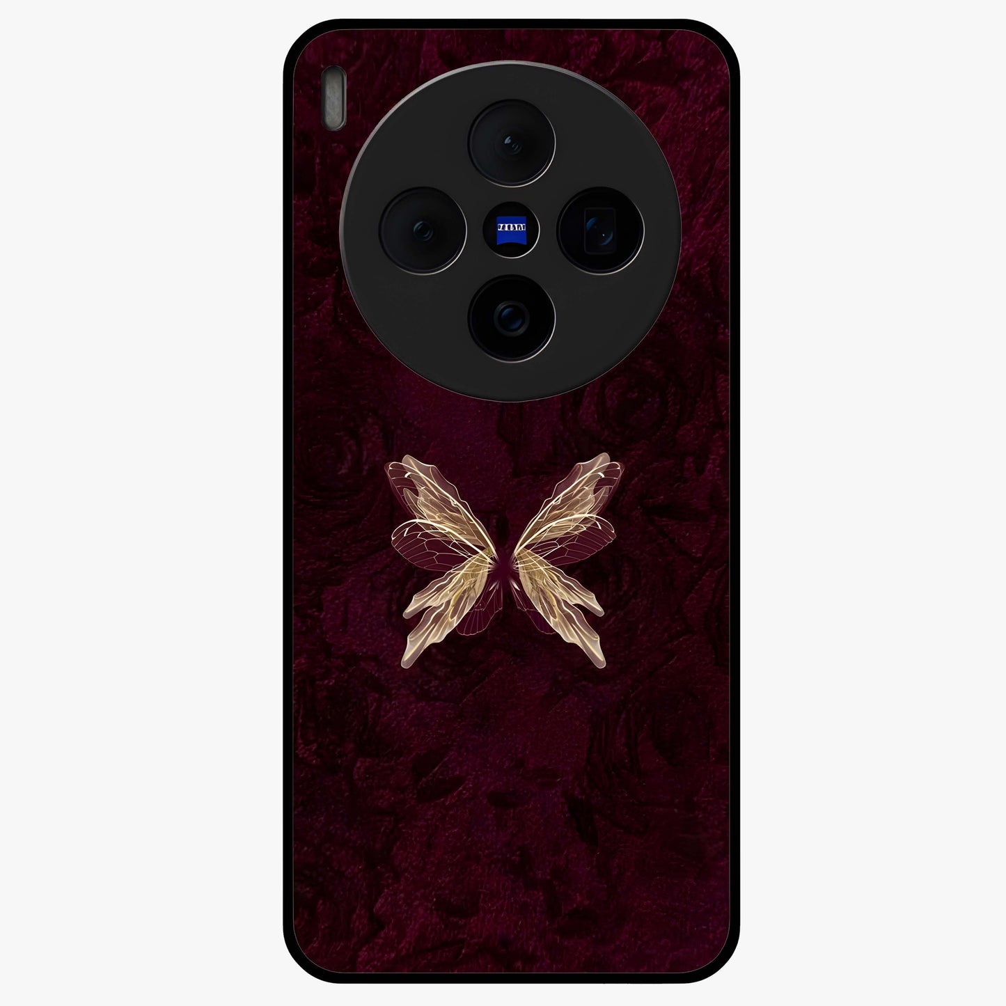 Crimson Fade Butterfly Glass Case showing flat back view with fading butterfly artwork and glossy glass finish.