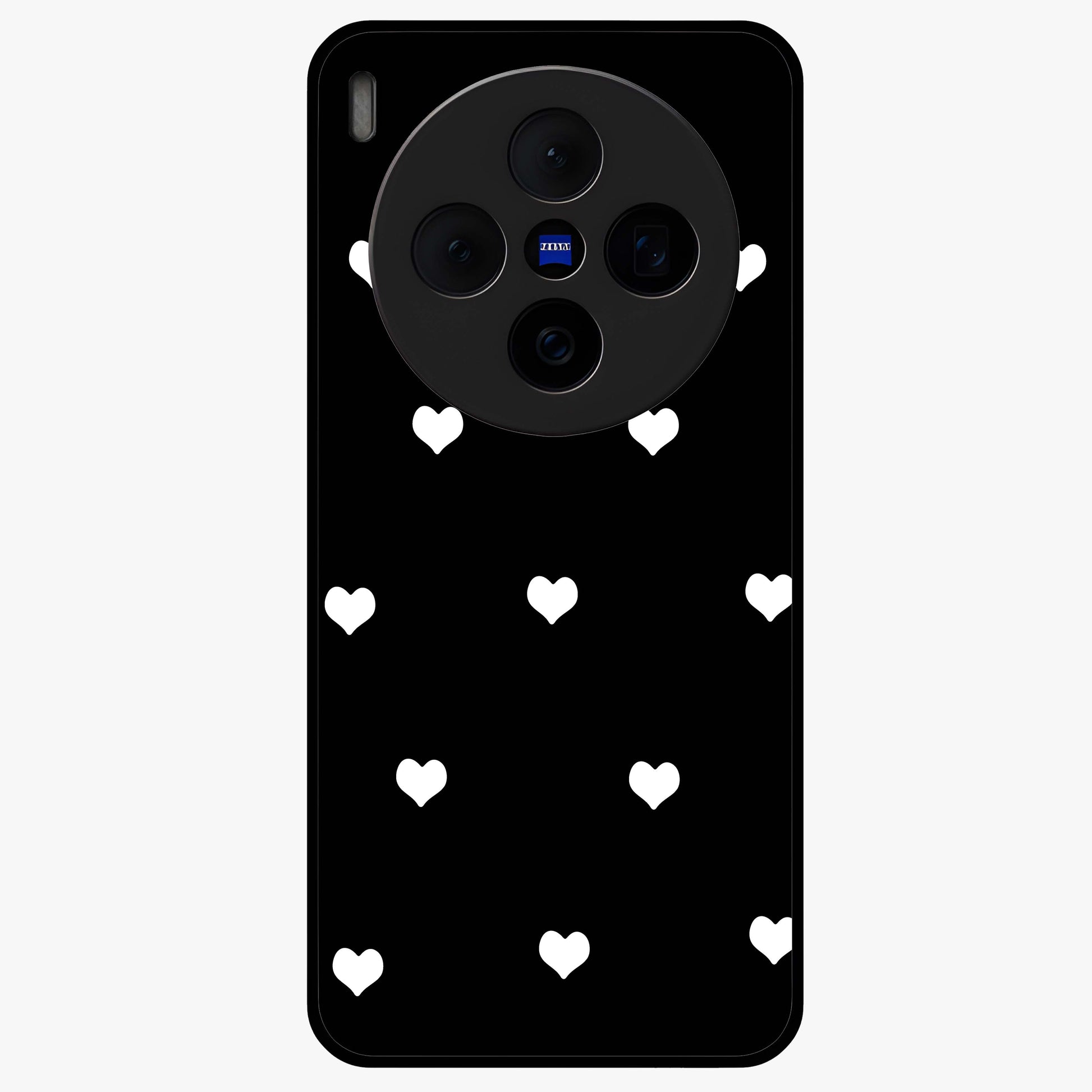 Cute And Simple White Hearts Glass Case showing flat back view with minimal white heart pattern and glossy glass finish.