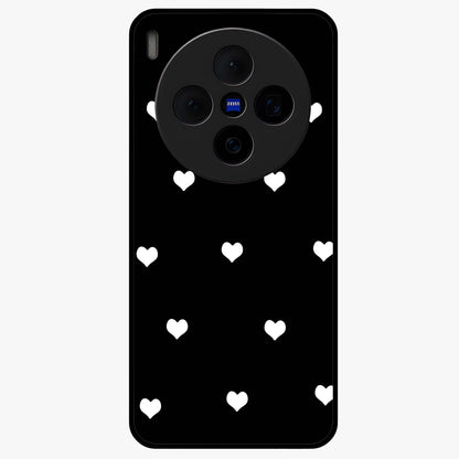 Cute And Simple White Hearts Glass Case showing flat back view with minimal white heart pattern and glossy glass finish.