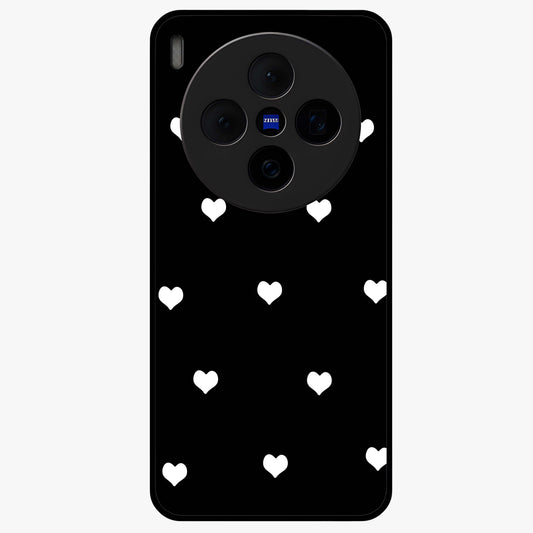 Cute And Simple White Hearts Glass Case showing flat back view with minimal white heart pattern and glossy glass finish.
