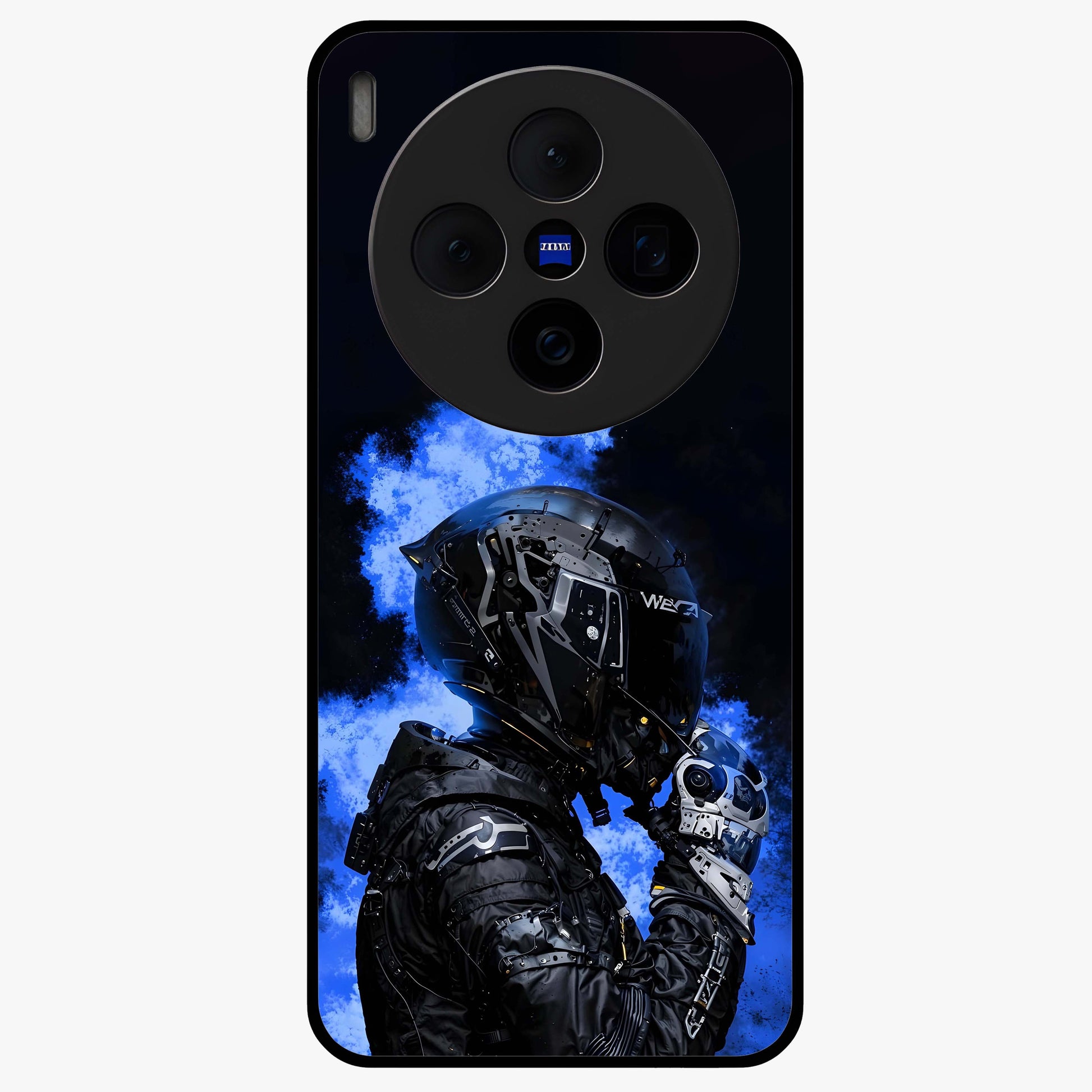 Cyber Sentinel Protocol Glass Case showing flat back view with futuristic cyber themed artwork and glossy glass finish.
