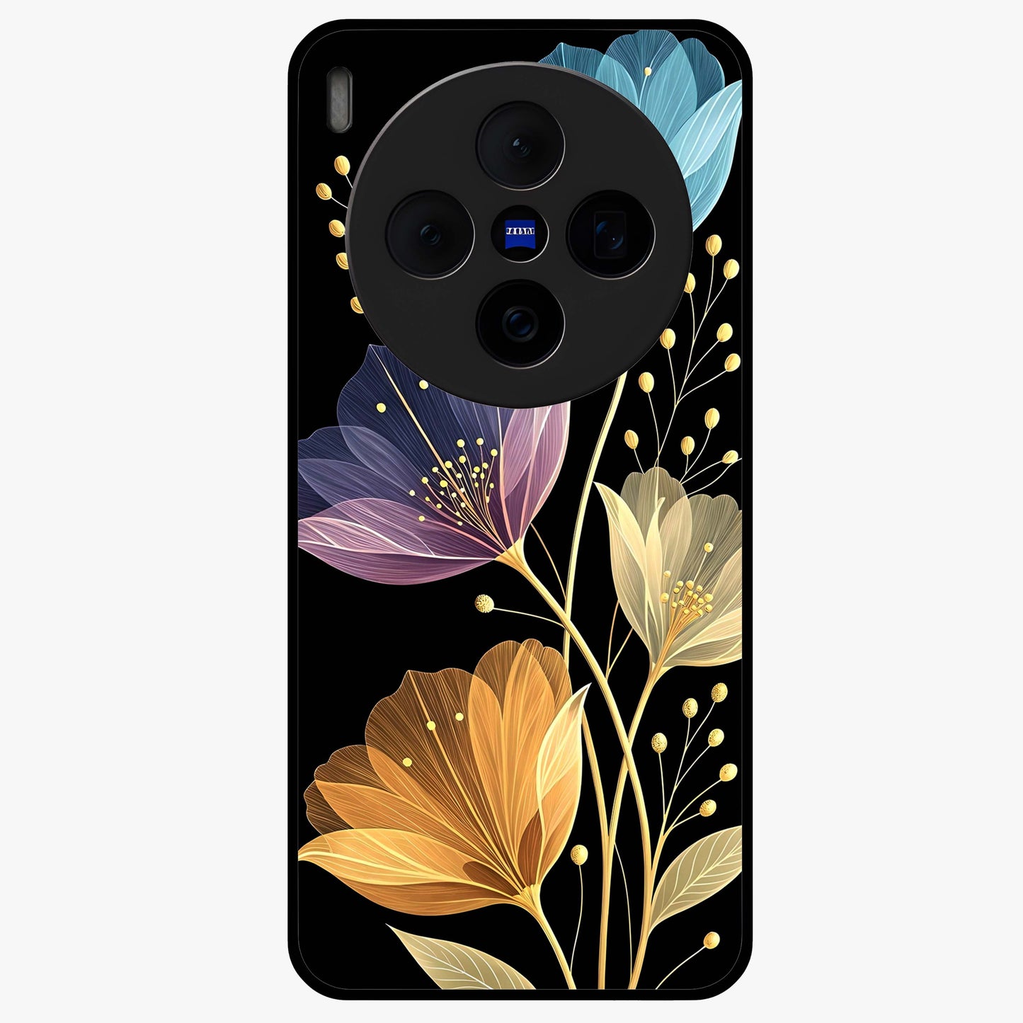 Delicate Multicolor Flowers Glass Case showing flat back view with vibrant floral artwork and glossy glass finish.