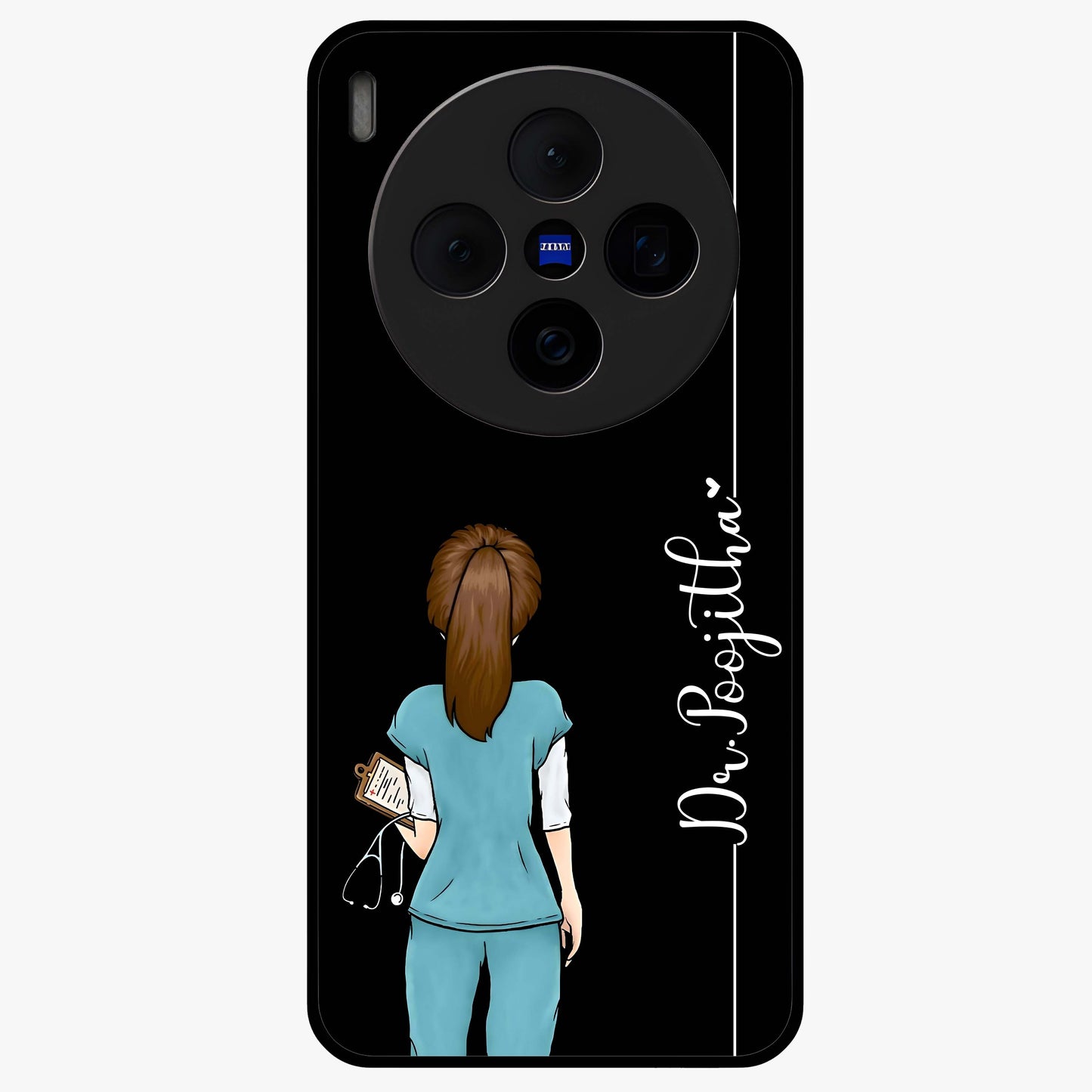 Doctor Pattern Custom Name Glass Case showing flat back view with medical themed pattern and personalized name design.