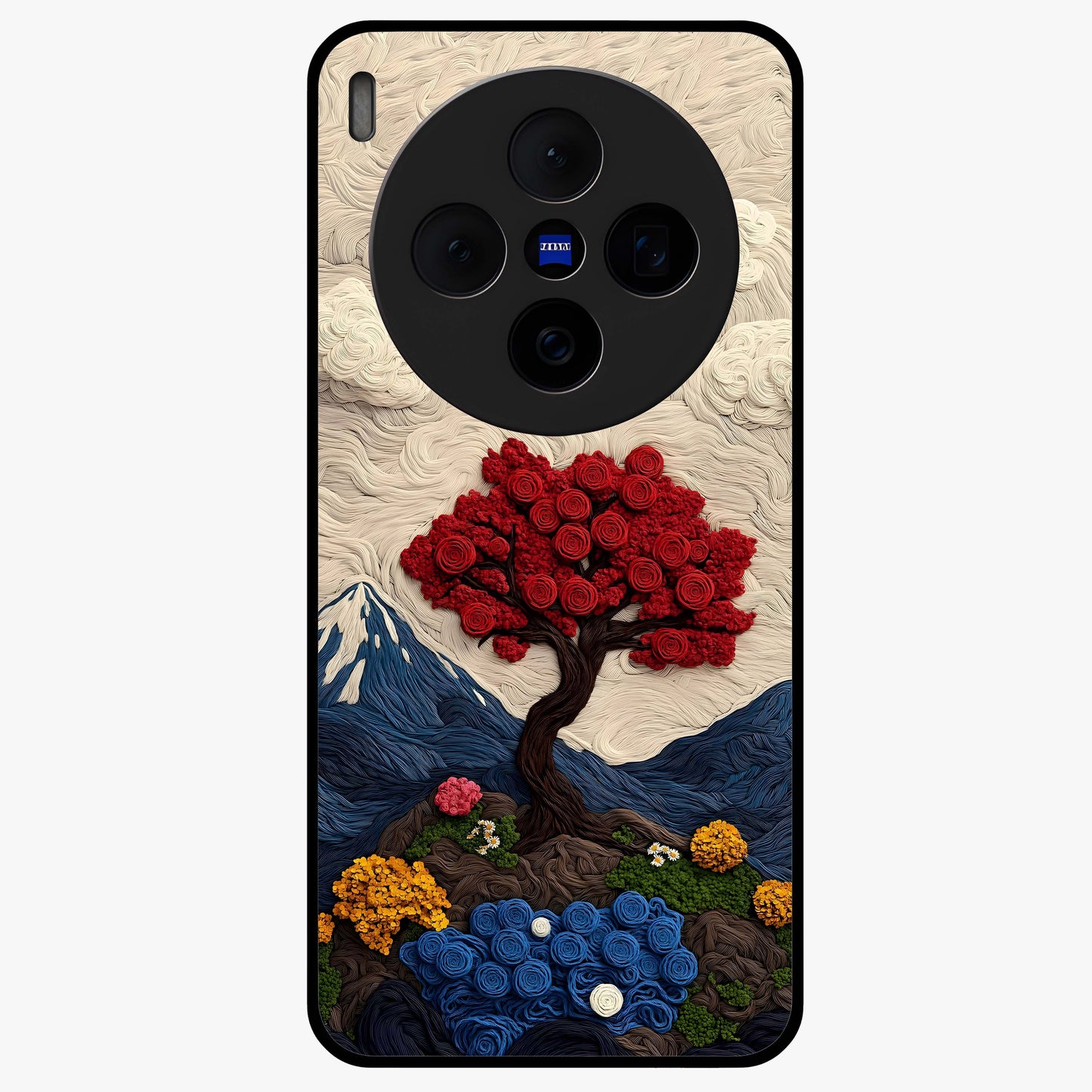 Eternal Nature Tapestry Glass Case showing flat back view with intricate nature tapestry artwork and glossy glass finish.