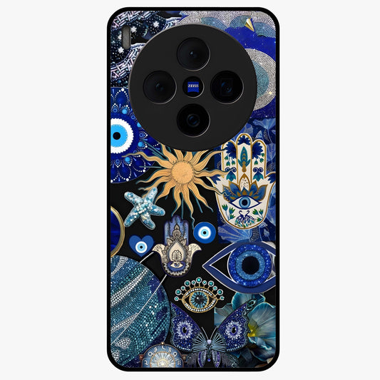 Evil Eye Charm Mix Glass Case showing flat back view with multiple evil eye charms artwork and glossy glass finish.