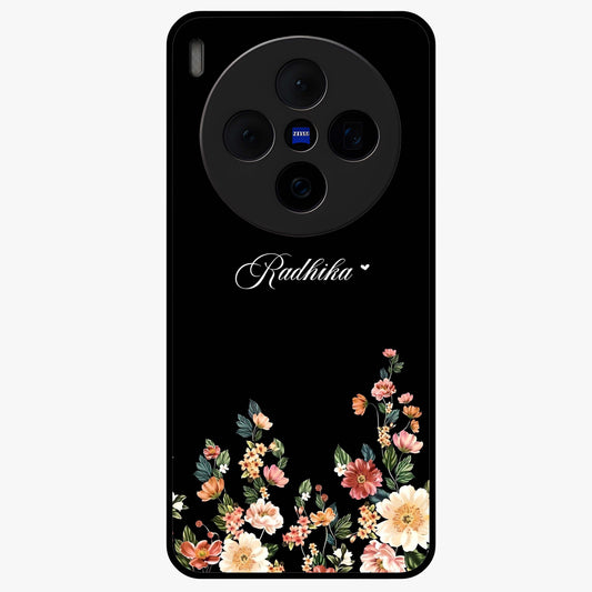 Floral Design With a Custom Personalized Name Glass Case showing flat back view with floral artwork and personalized name design.
