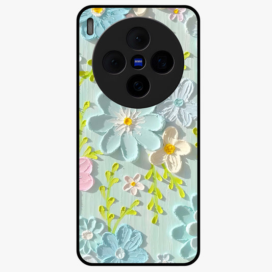 Frosted Petal Garden Glass Case showing flat back view with soft frosted floral artwork and glossy glass finish.