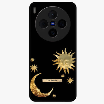 Golden Celestial Charm Glass Case showing flat back view with golden celestial charm artwork and glossy glass finish.
