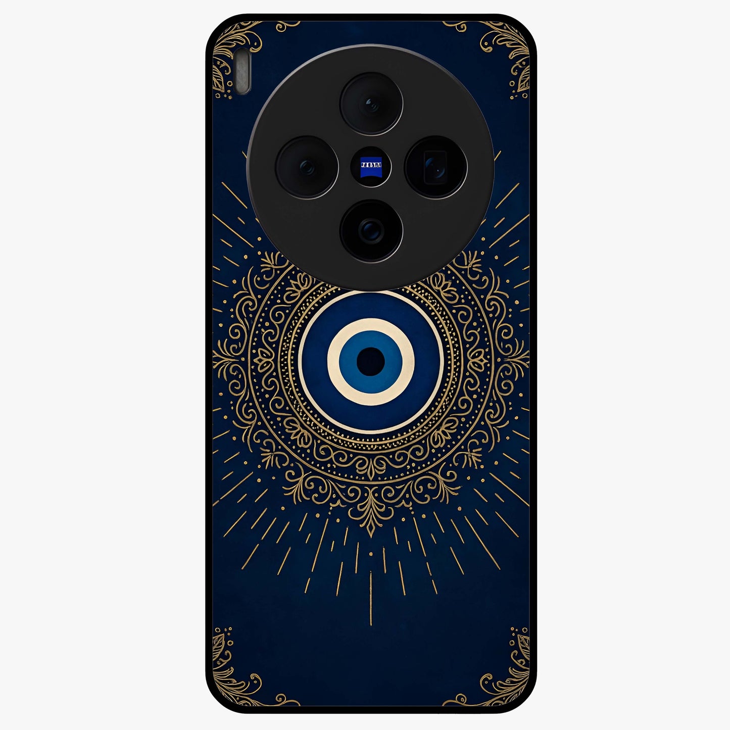 Golden Evil Eye Mandala Glass Case showing flat back view with intricate evil eye mandala artwork and glossy glass finish.