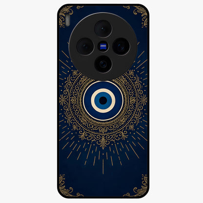 Golden Evil Eye Mandala Glass Case showing flat back view with intricate evil eye mandala artwork and glossy glass finish.