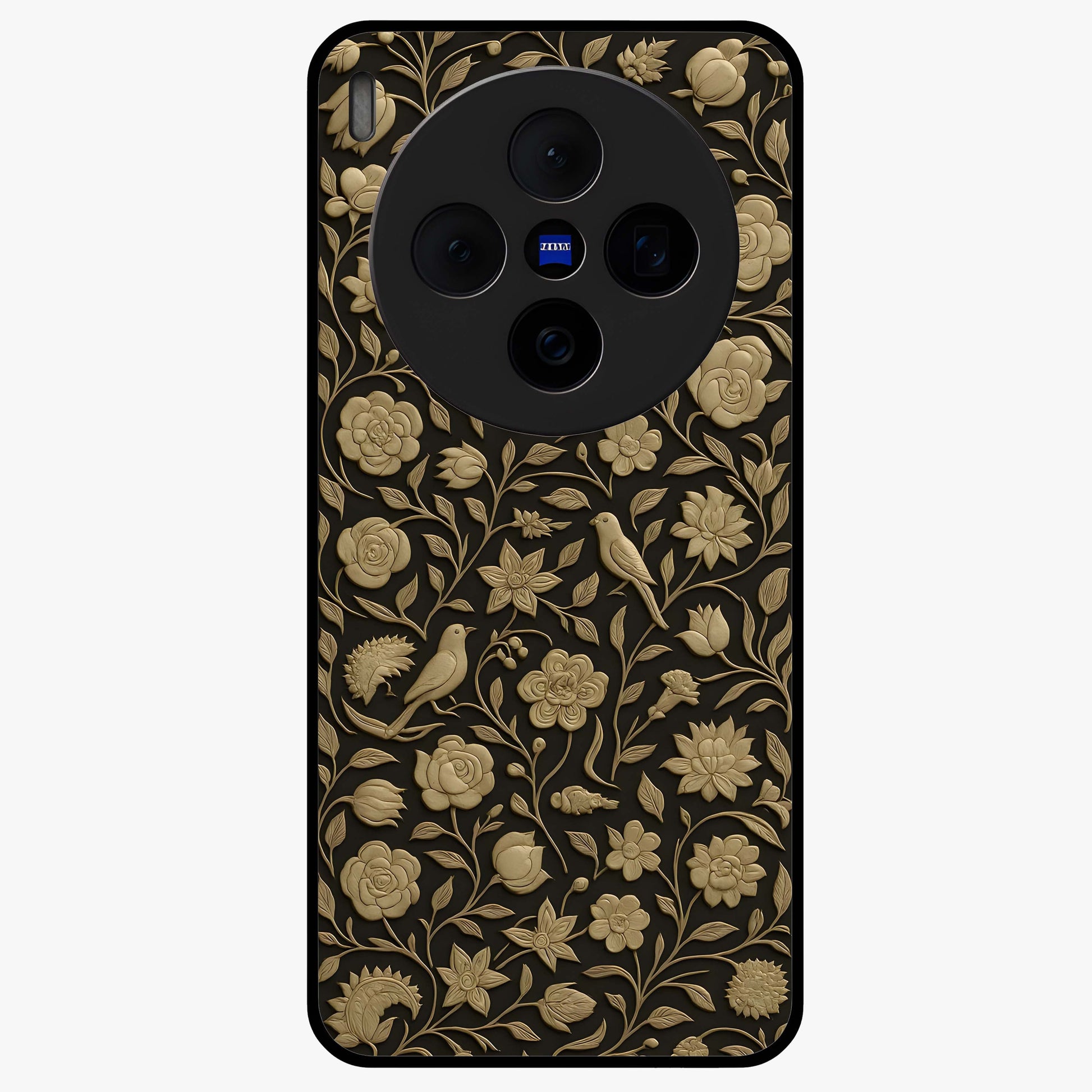 Golden Floral Majesty Glass Case showing flat back view with luxurious golden floral artwork and glossy glass finish.