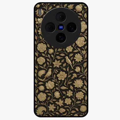 Golden Floral Majesty Glass Case showing flat back view with luxurious golden floral artwork and glossy glass finish.