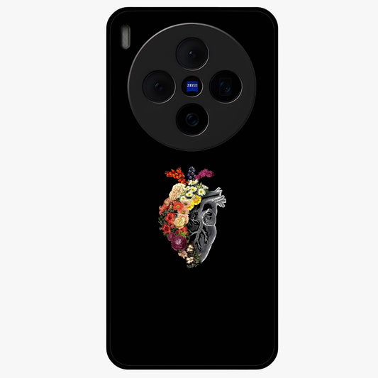 Heart With Flowers Glass Case showing flat back view with heart shaped floral artwork and glossy glass finish.