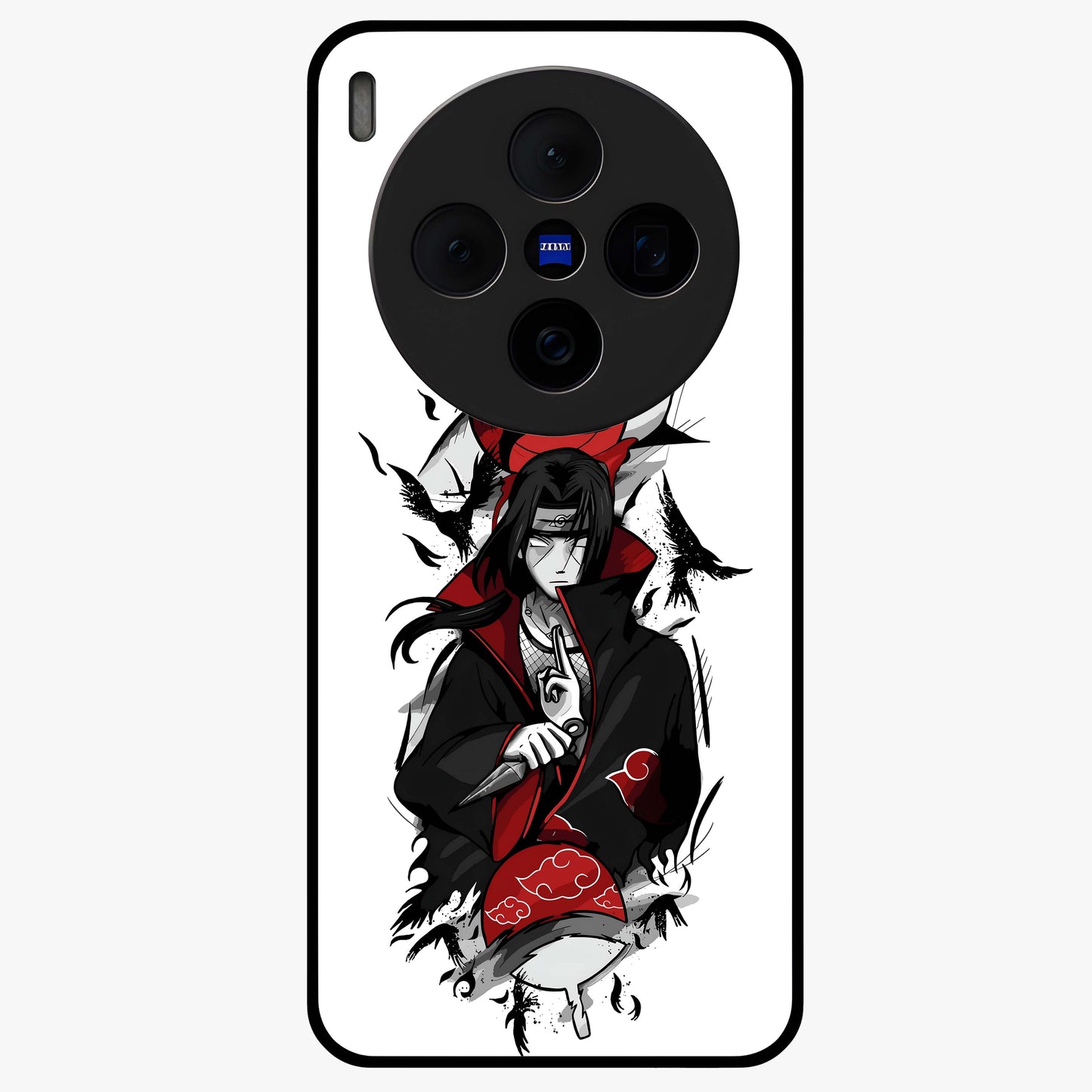 Itachi Sharingan Glass Case showing flat back view with powerful anime eye artwork and glossy glass finish.