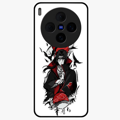 Itachi Sharingan Glass Case showing flat back view with powerful anime eye artwork and glossy glass finish.