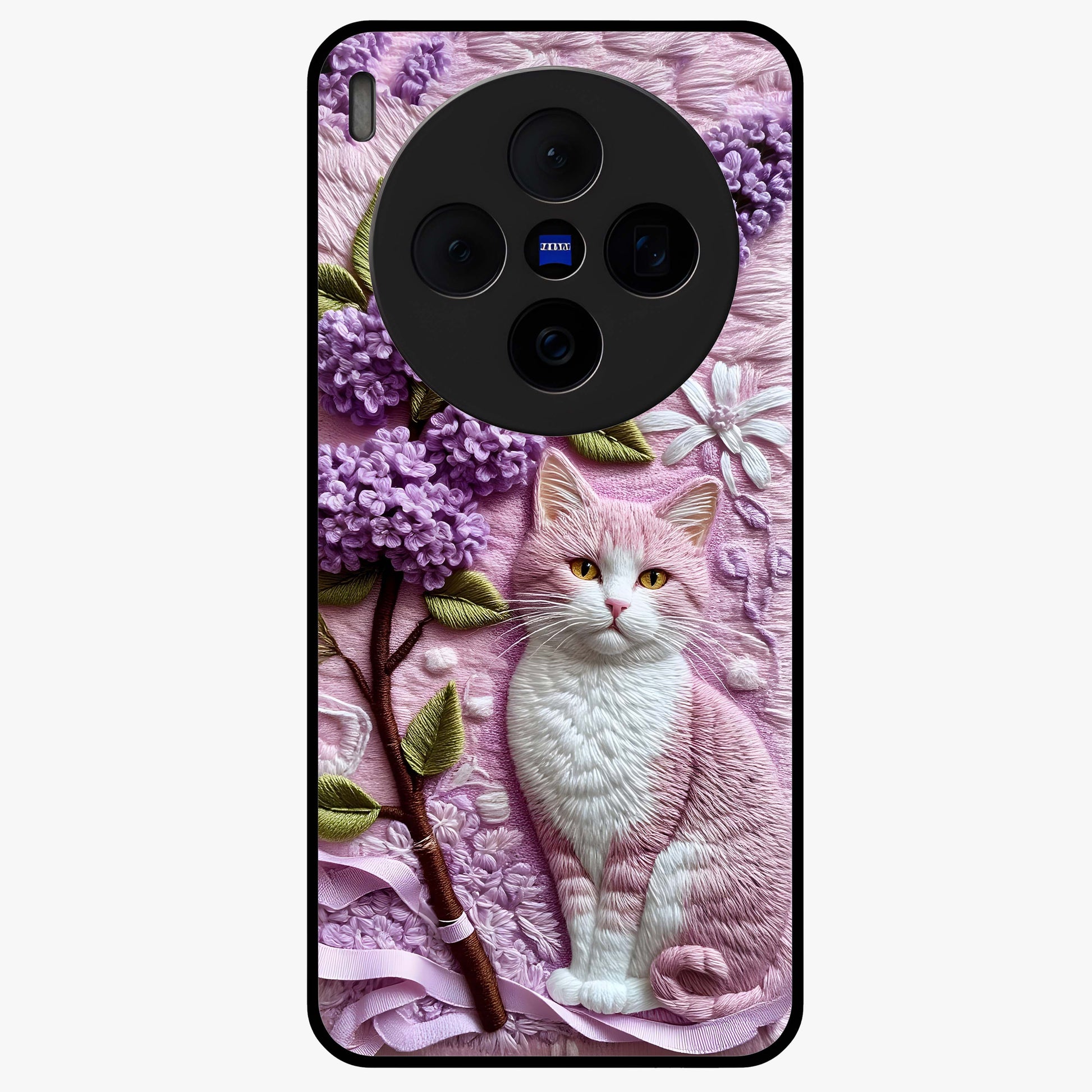 Lavender Cat Whimsy Glass Case showing flat back view with cute lavender cat artwork and glossy glass finish.