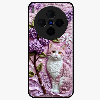 Lavender Cat Whimsy Glass Case showing flat back view with cute lavender cat artwork and glossy glass finish.