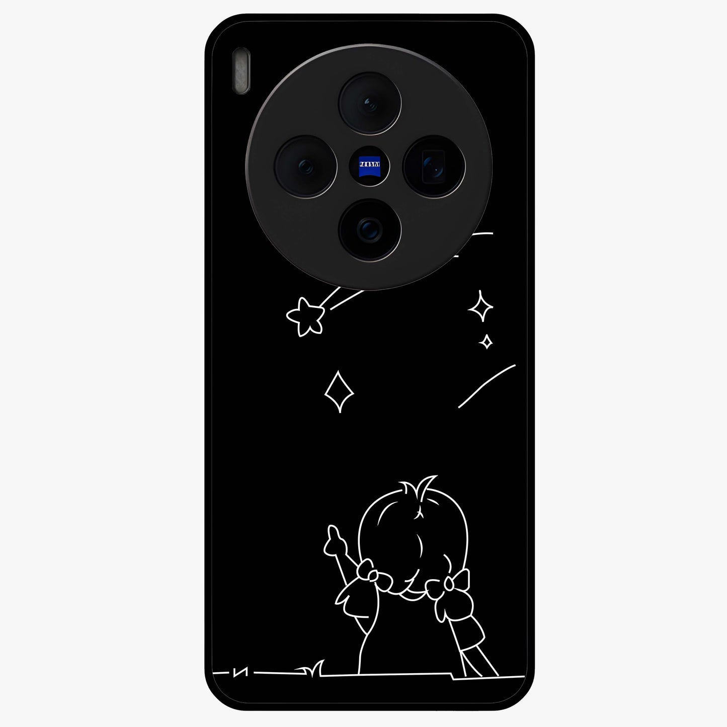 Line Art Girl With Shooting Stars Glass Case showing flat back view with minimal line art girl and shooting stars illustration and glossy glass finish.
