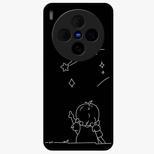 Line Art Girl With Shooting Stars Glass Case showing flat back view with minimal line art girl and shooting stars illustration and glossy glass finish.
