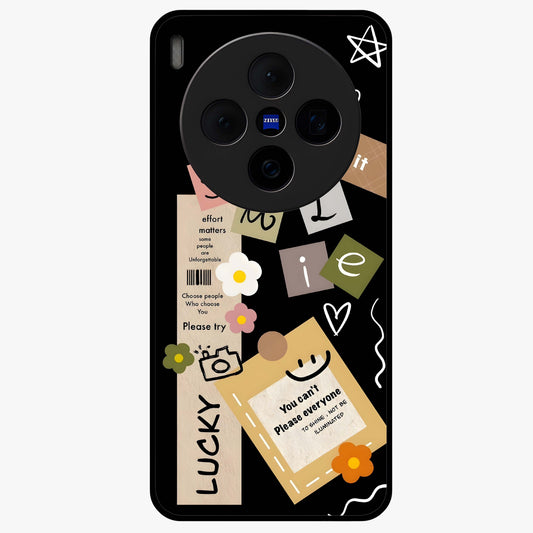 Lucky Aesthetic Collage Glass Case showing flat back view with trendy aesthetic collage artwork and glossy glass finish.
