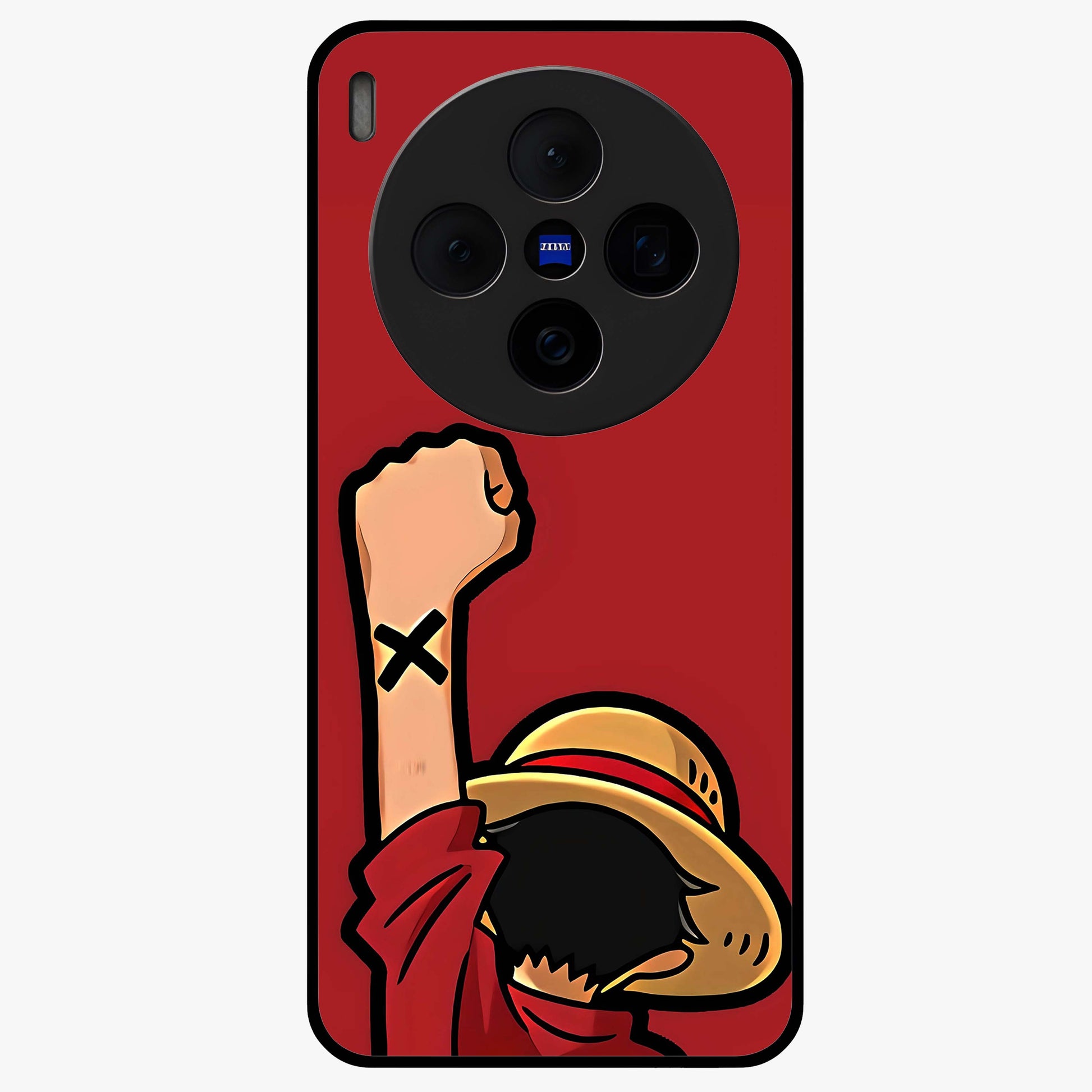Luffy X Spirit Glass Case showing flat back view with bold anime character artwork and glossy glass finish.
