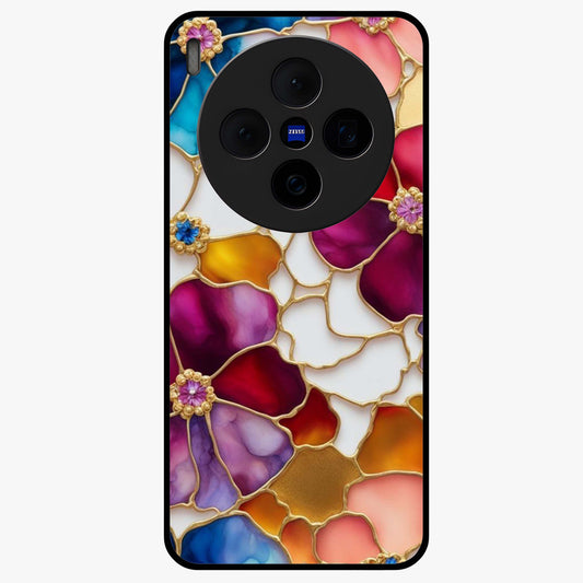 Marble Flower Pattern Glass Case showing flat back view with marble texture floral artwork and glossy glass finish.