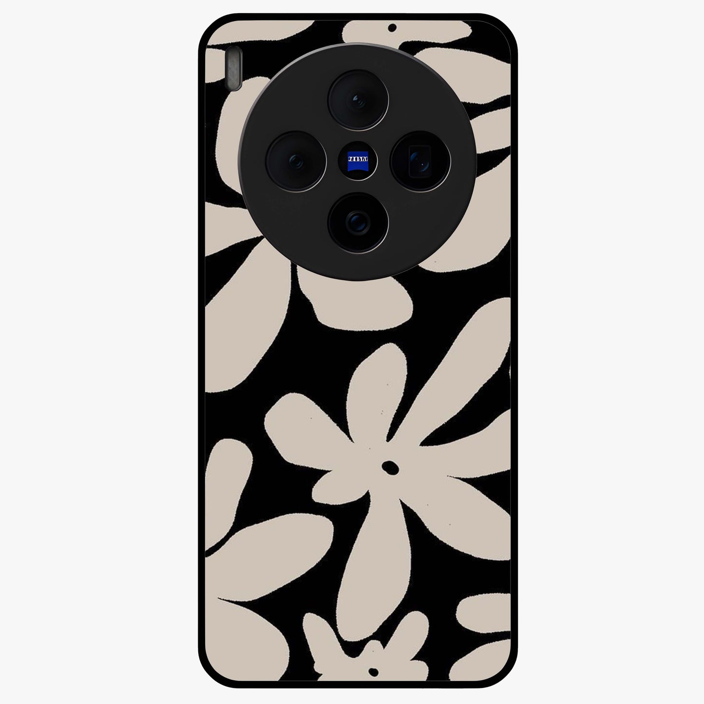 Monochrome Petal Dance Glass Case showing flat back view with monochrome floral artwork and glossy glass finish.